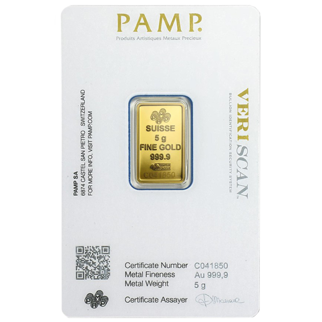 5 Gram Gold Bar - PAMP Suisse Lady Fortuna - Purity .9999